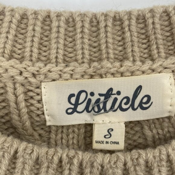Listicle Sweater Women's Small Tan Chunky Cable Knit Crochet Embroidery Pockets - Picture 5 of 10